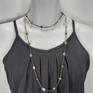 Mixed Beads Amber Oxidized Chain Long Statement Necklace